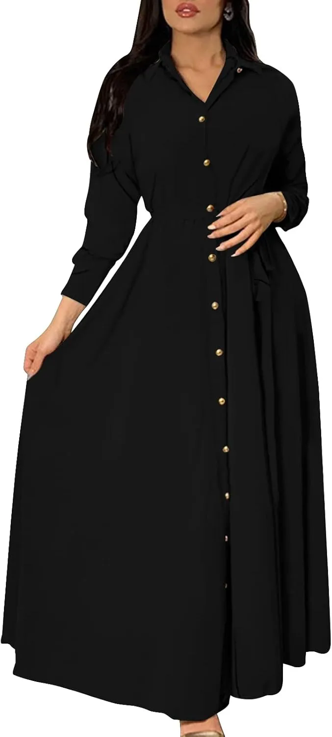 Women's Button Down T-Shirt Dress Casual High Low V Neck Loose Long Dress with Belts