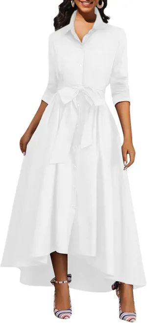 Women's Button Down T-Shirt Dress Casual High Low V Neck Loose Long Dress with Belts
