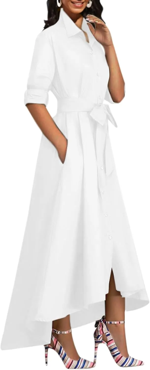 Women's Button Down T-Shirt Dress Casual High Low V Neck Loose Long Dress with Belts