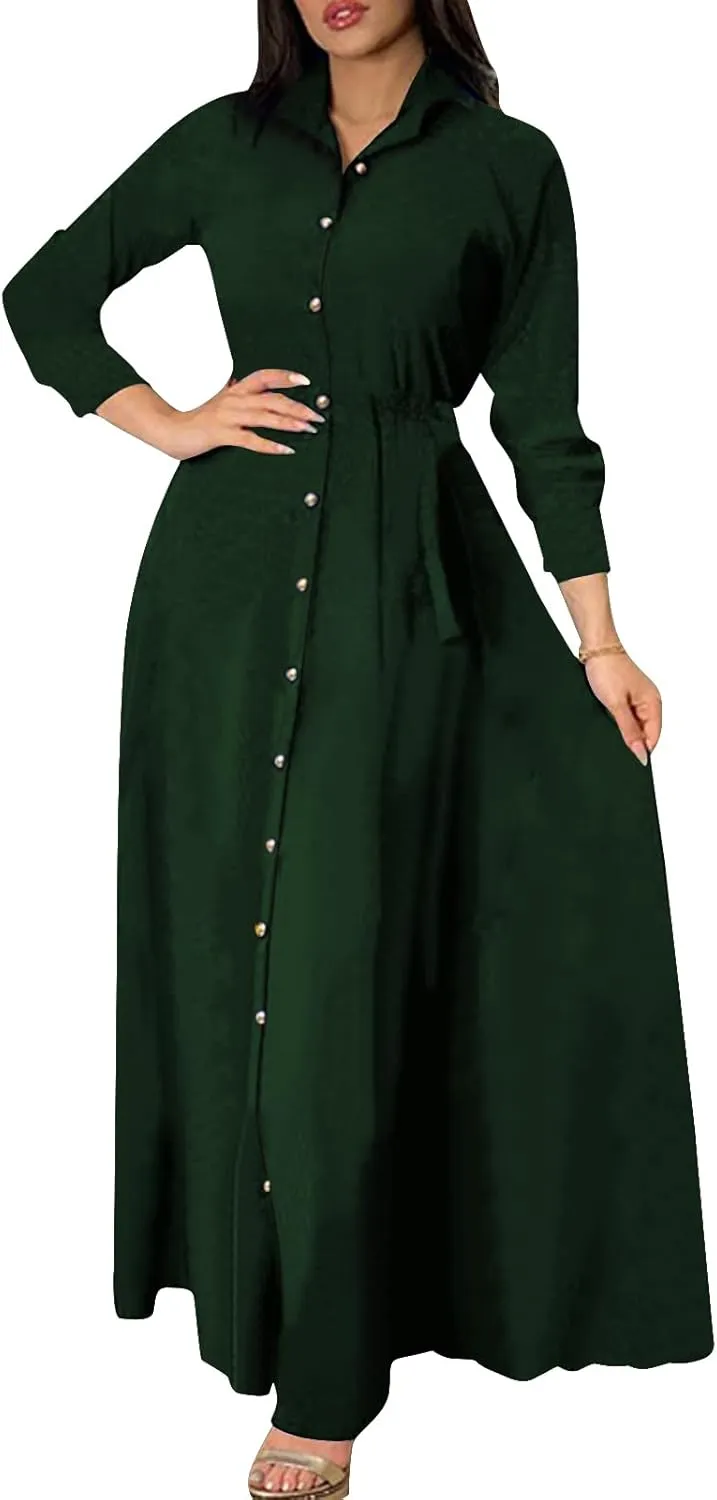 Women's Button Down T-Shirt Dress Casual High Low V Neck Loose Long Dress with Belts