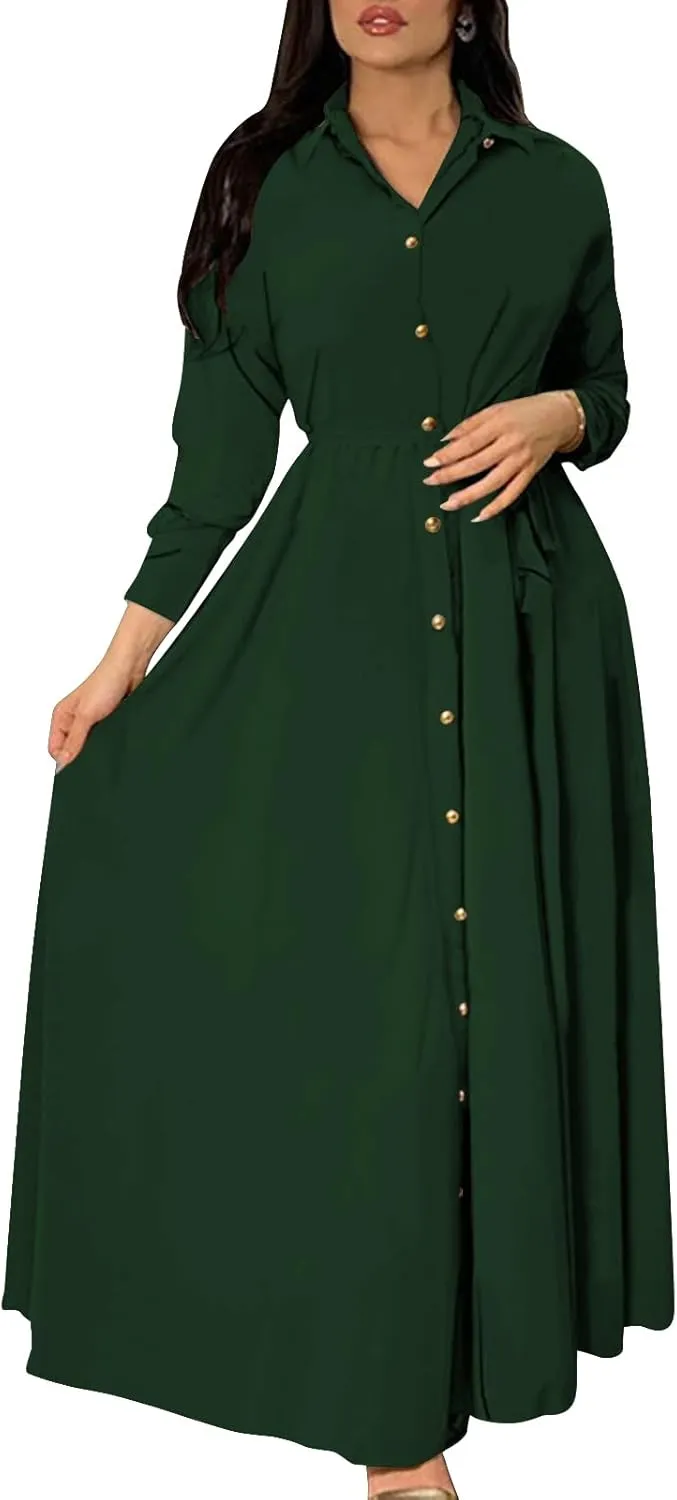 Women's Button Down T-Shirt Dress Casual High Low V Neck Loose Long Dress with Belts