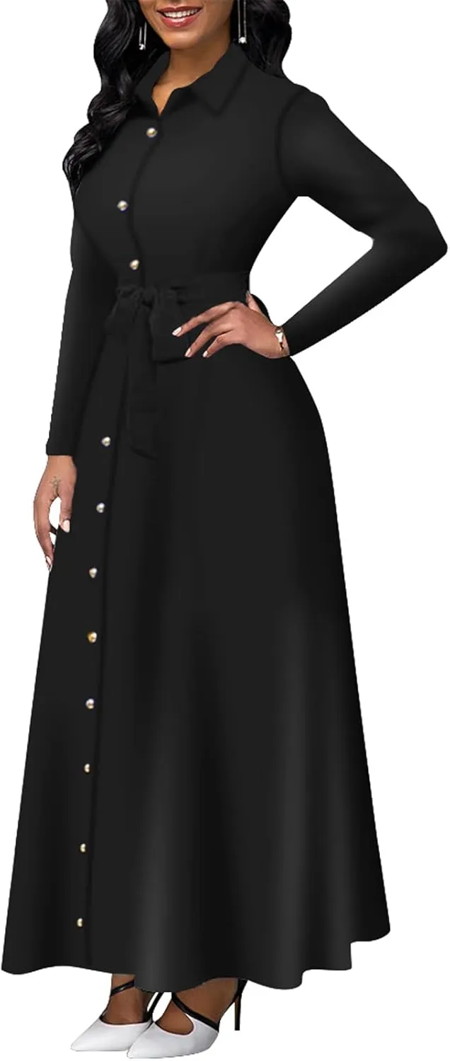 Women's Button Down T-Shirt Dress Casual High Low V Neck Loose Long Dress with Belts