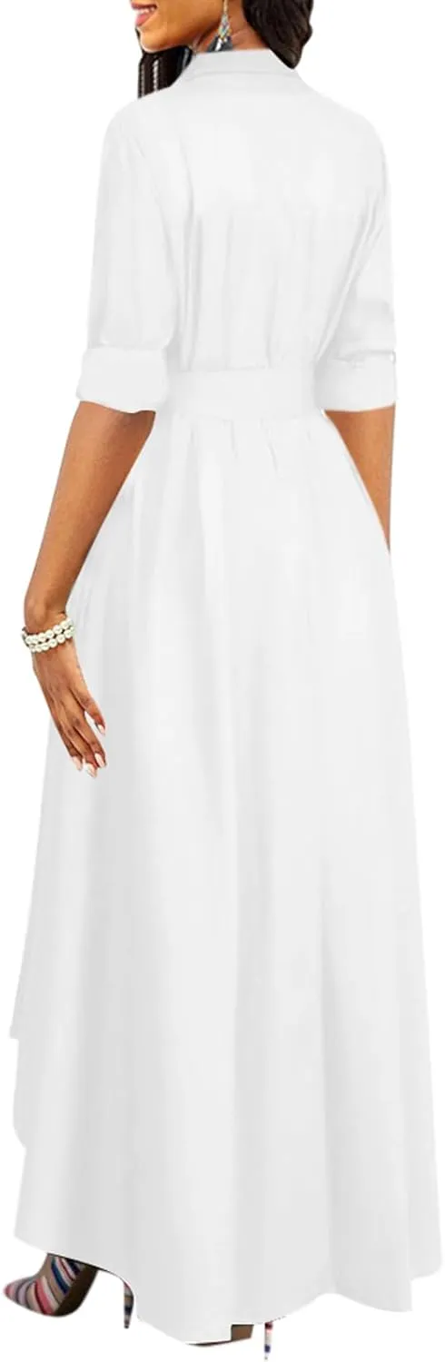 Women's Button Down T-Shirt Dress Casual High Low V Neck Loose Long Dress with Belts