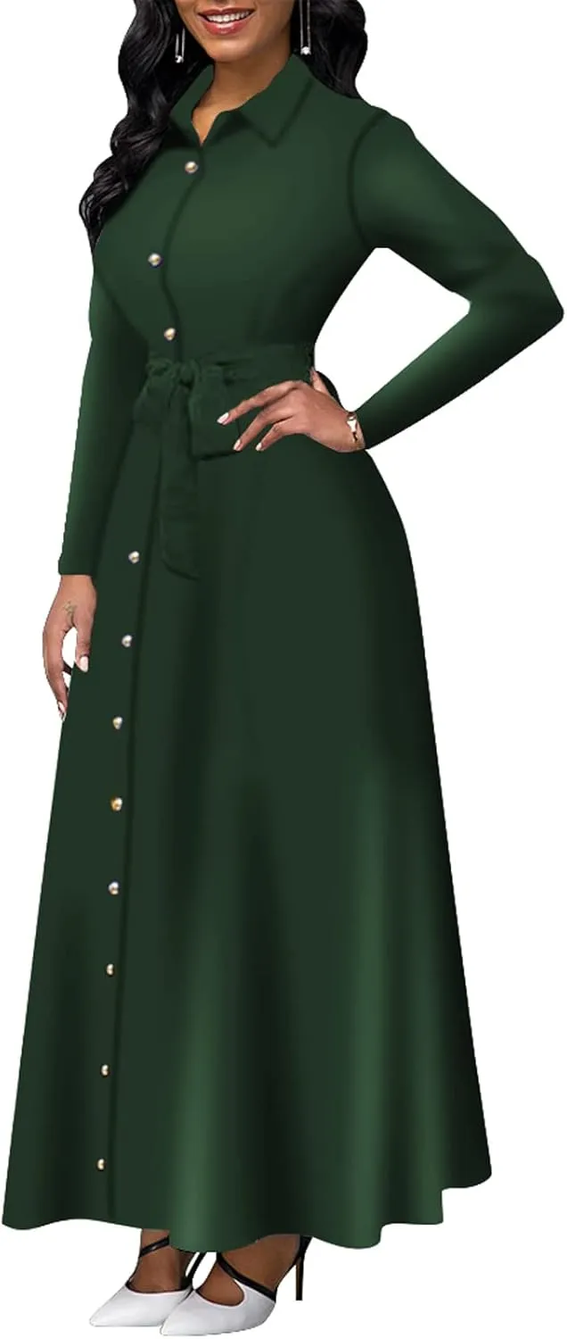 Women's Button Down T-Shirt Dress Casual High Low V Neck Loose Long Dress with Belts