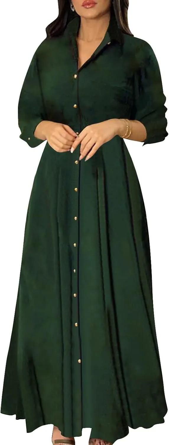 Women's Button Down T-Shirt Dress Casual High Low V Neck Loose Long Dress with Belts