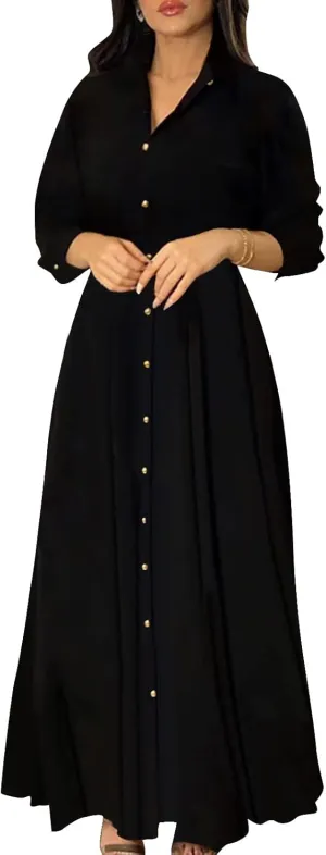 Women's Button Down T-Shirt Dress Casual High Low V Neck Loose Long Dress with Belts
