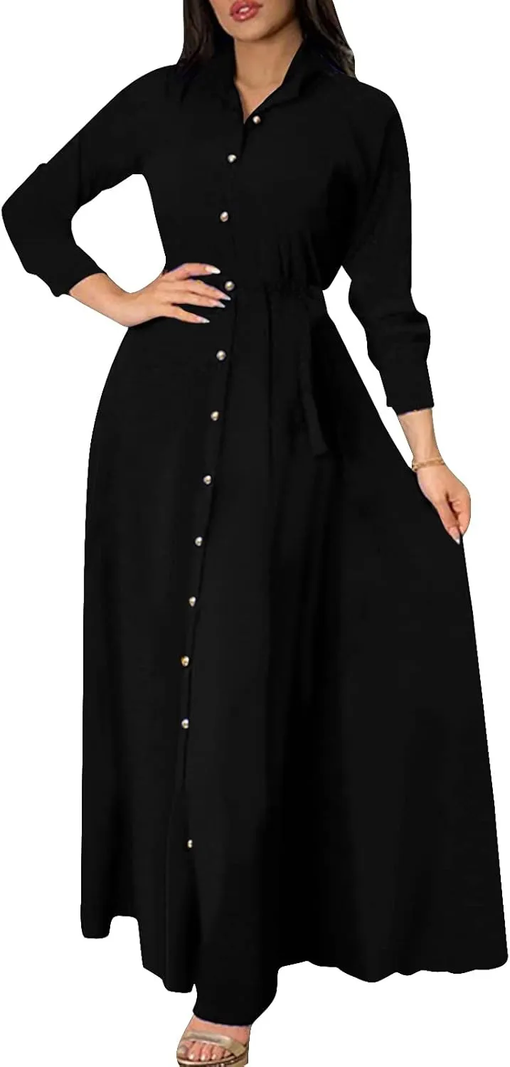 Women's Button Down T-Shirt Dress Casual High Low V Neck Loose Long Dress with Belts