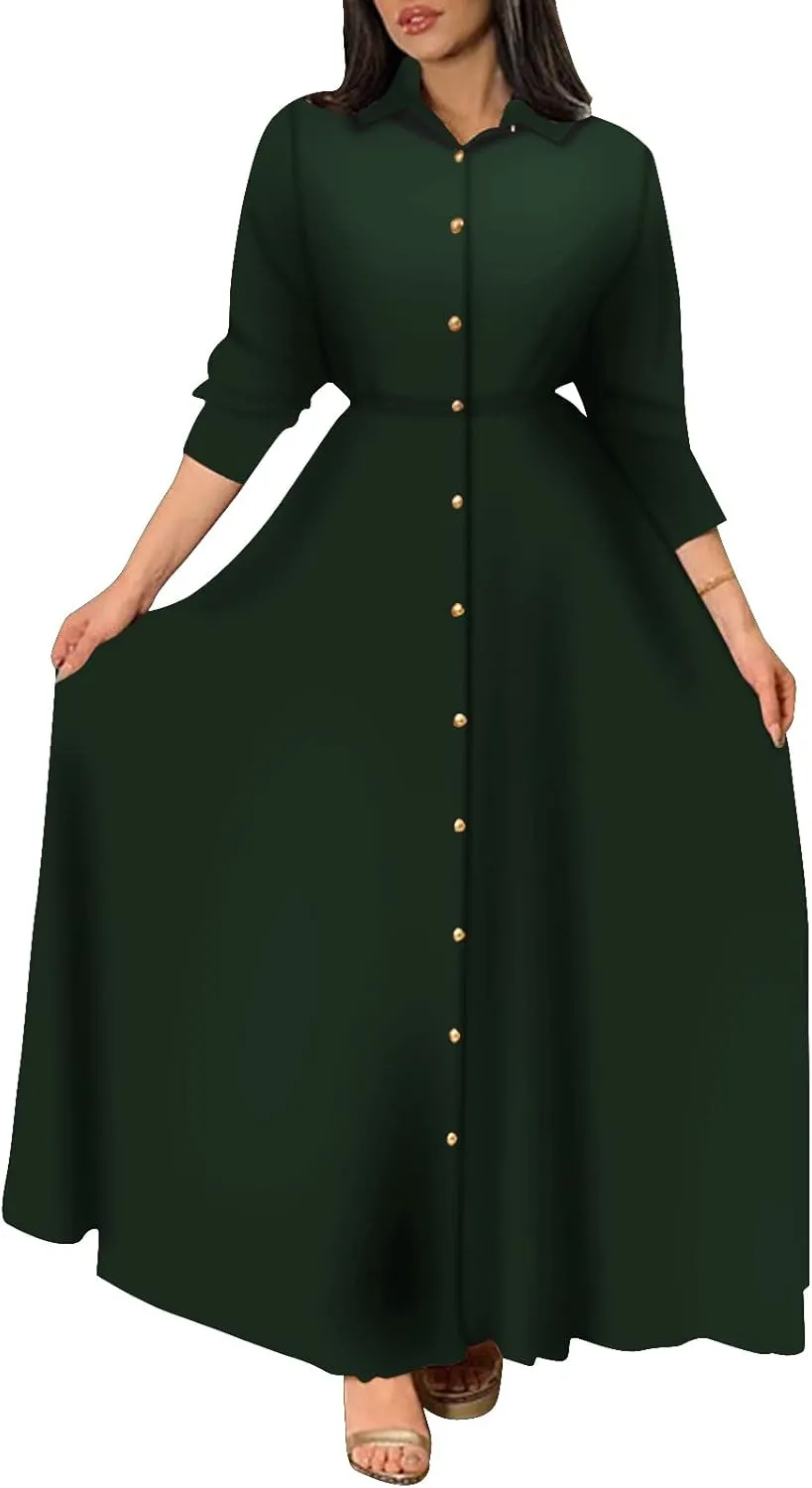 Women's Button Down T-Shirt Dress Casual High Low V Neck Loose Long Dress with Belts