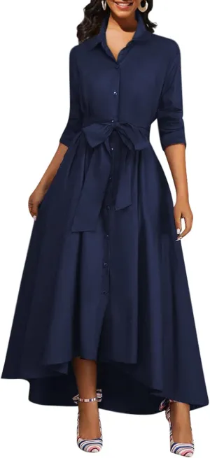 Women's Button Down T-Shirt Dress Casual High Low V Neck Loose Long Dress with Belts