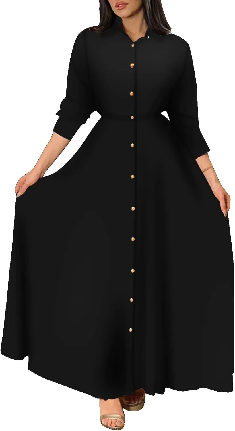 Women's Button Down T-Shirt Dress Casual High Low V Neck Loose Long Dress with Belts