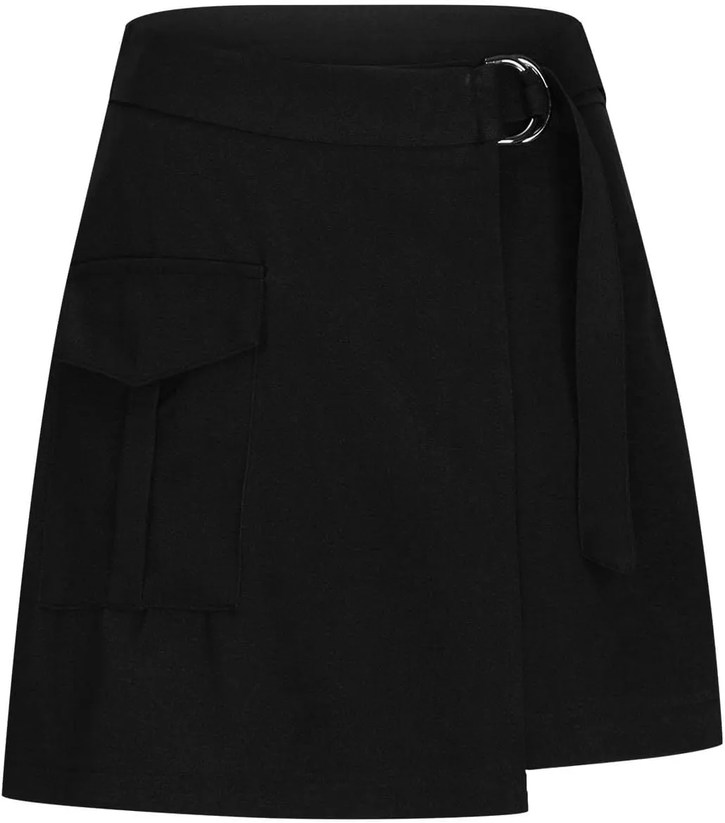Women's Cargo Mini Skirts Casual Asymmetrical Slit High Waisted Wrap Skirt Adjustable Loop Belts Skort with Pocket