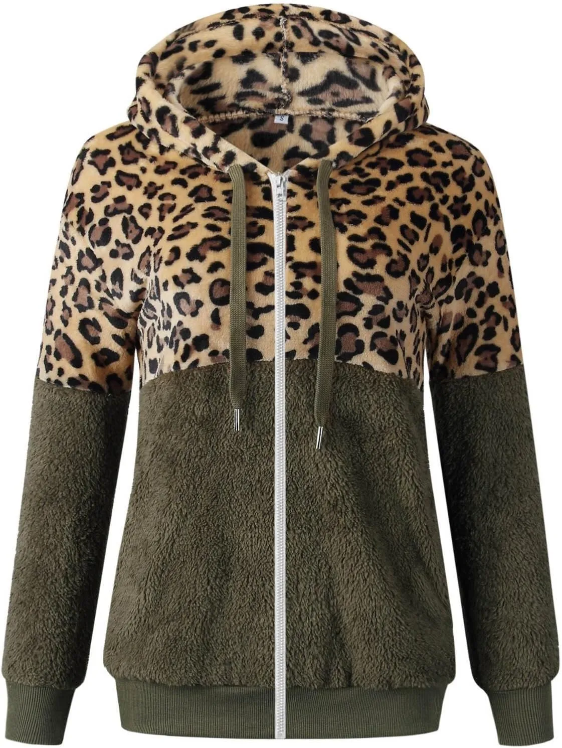 Women's Casual Fuzzy Hoodies Faux Fleece Zip Up Leopard Jackets Drawstring Hooded Sherpa Sweatshirt Fall Trendy Outwear