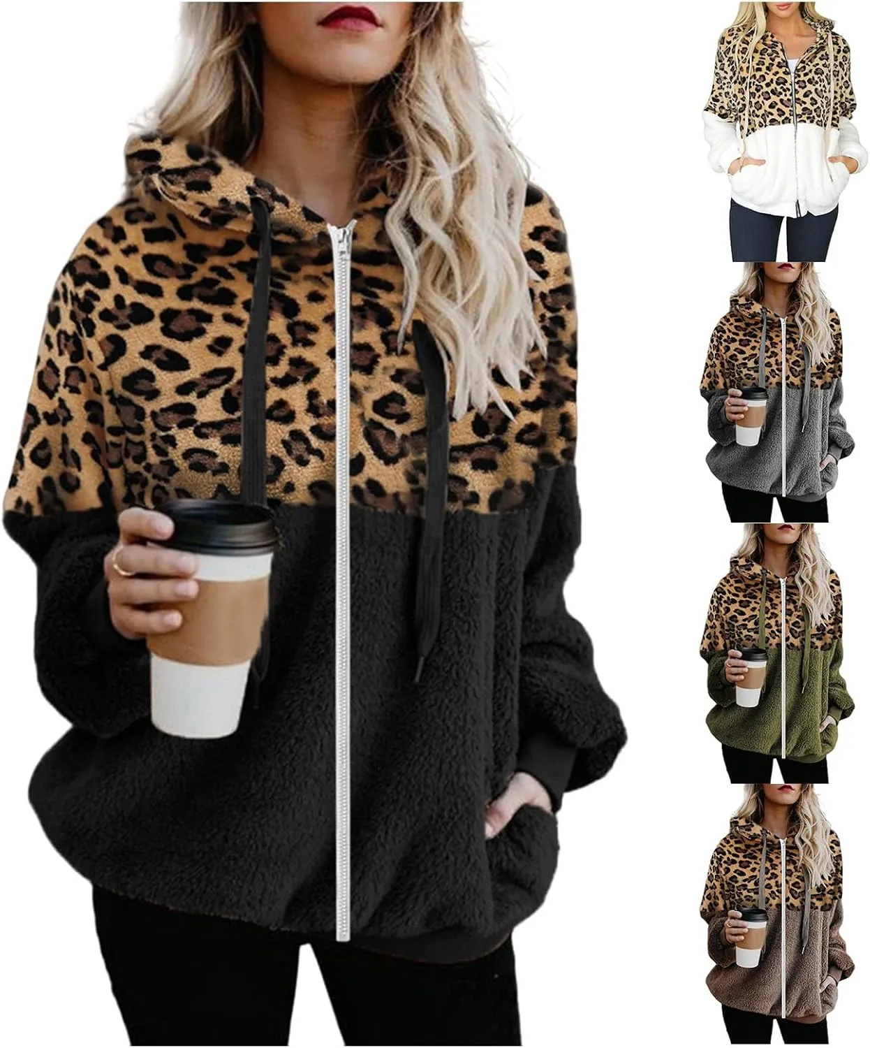 Women's Casual Fuzzy Hoodies Faux Fleece Zip Up Leopard Jackets Drawstring Hooded Sherpa Sweatshirt Fall Trendy Outwear