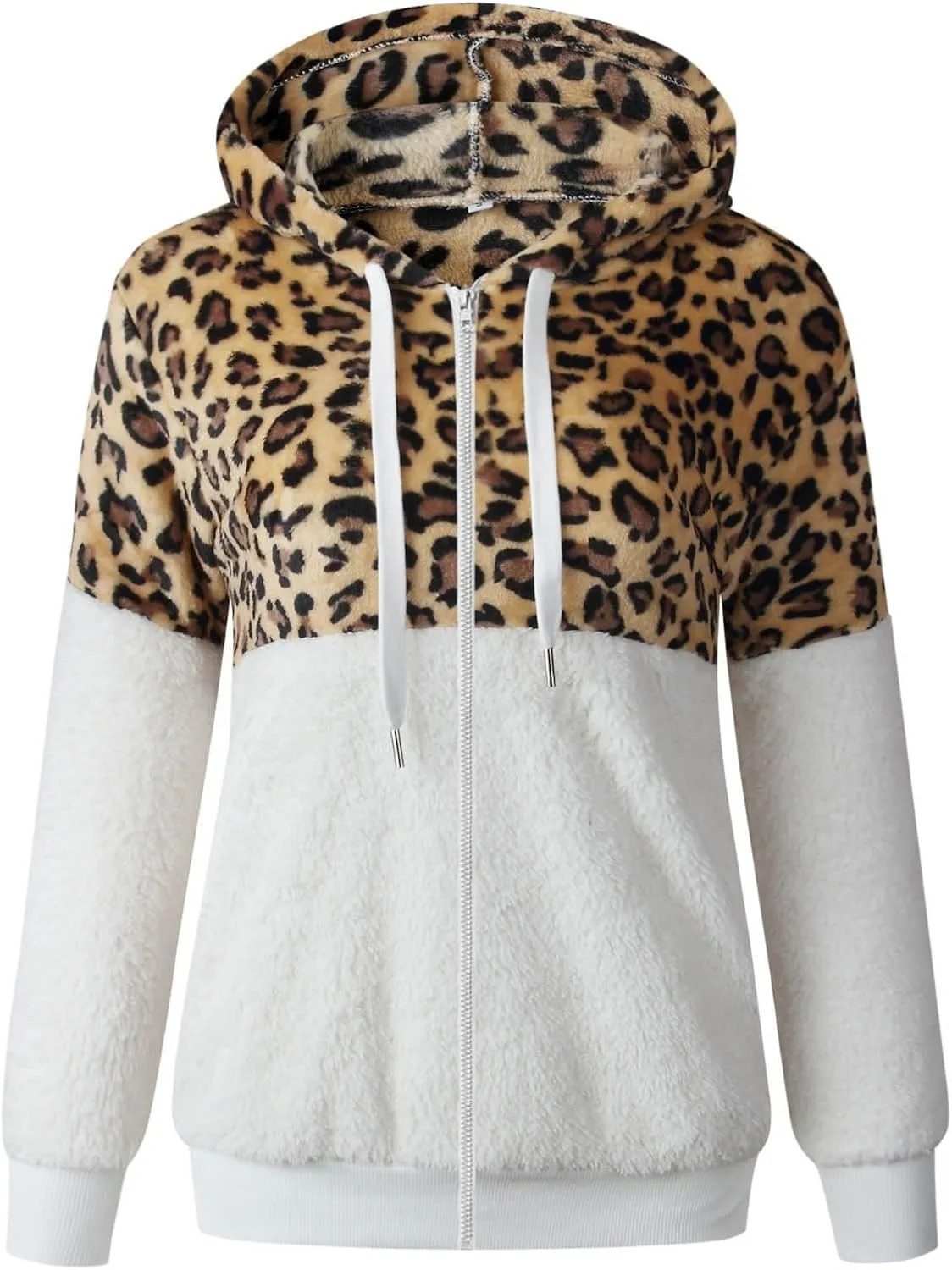 Women's Casual Fuzzy Hoodies Faux Fleece Zip Up Leopard Jackets Drawstring Hooded Sherpa Sweatshirt Fall Trendy Outwear
