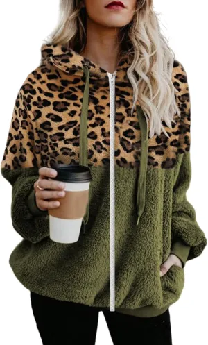 Women's Casual Fuzzy Hoodies Faux Fleece Zip Up Leopard Jackets Drawstring Hooded Sherpa Sweatshirt Fall Trendy Outwear