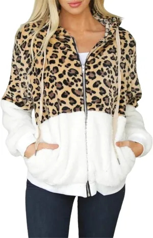 Women's Casual Fuzzy Hoodies Faux Fleece Zip Up Leopard Jackets Drawstring Hooded Sherpa Sweatshirt Fall Trendy Outwear