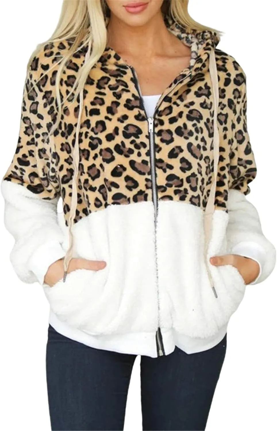 Women's Casual Fuzzy Hoodies Faux Fleece Zip Up Leopard Jackets Drawstring Hooded Sherpa Sweatshirt Fall Trendy Outwear