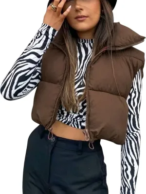 Women's Casual Lightweight Puffer Vest Zip Up Drawstring Cotton Jacket Cotton-Padded Loose Warm Winter Coat