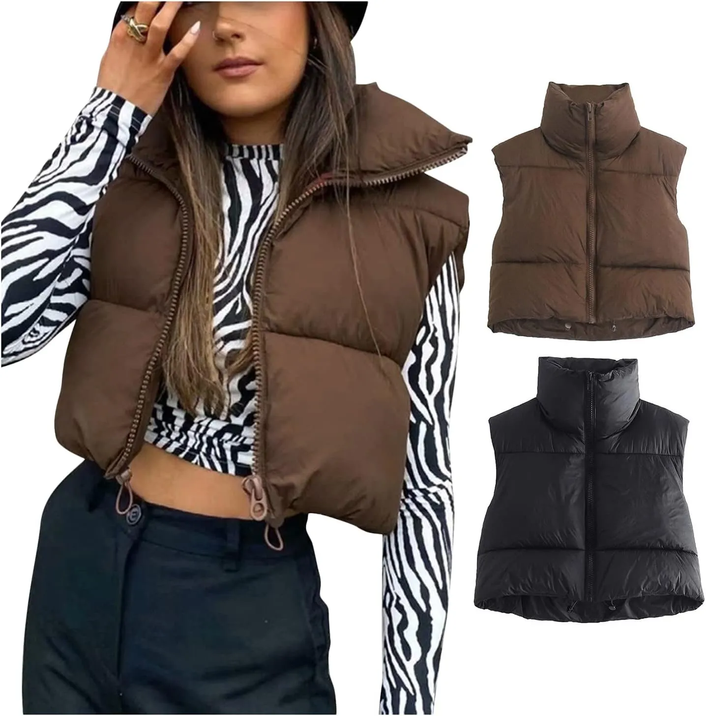 Women's Casual Lightweight Puffer Vest Zip Up Drawstring Cotton Jacket Cotton-Padded Loose Warm Winter Coat