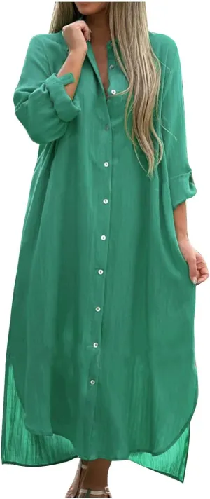 Womens Casual Long Sleeve Button Down Dress Loose Cotton Linen Maxi Shirt Dress Plus Size Flowy Summer Beach Long Dress