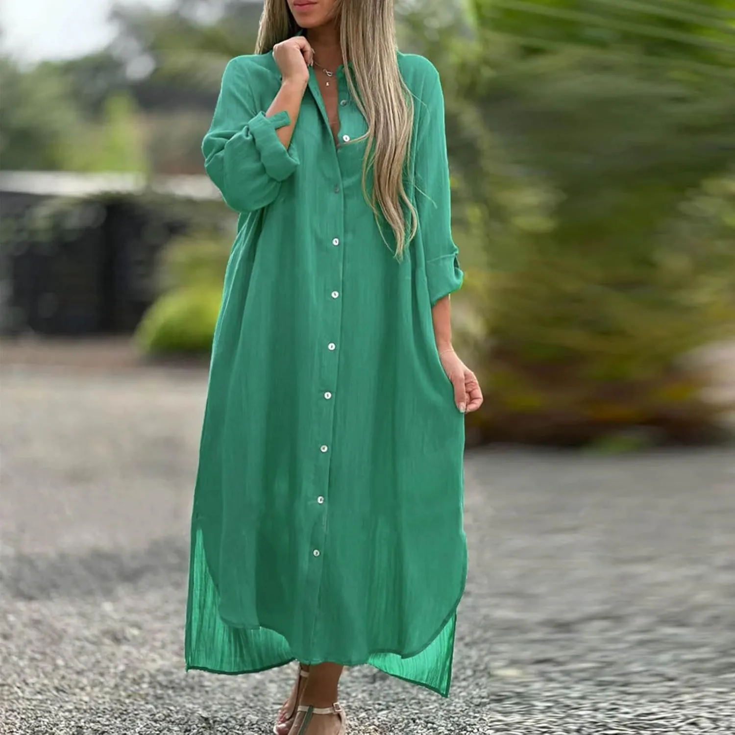 Womens Casual Long Sleeve Button Down Dress Loose Cotton Linen Maxi Shirt Dress Plus Size Flowy Summer Beach Long Dress