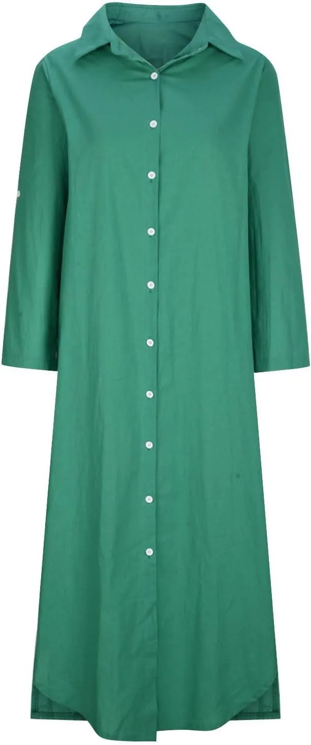 Womens Casual Long Sleeve Button Down Dress Loose Cotton Linen Maxi Shirt Dress Plus Size Flowy Summer Beach Long Dress