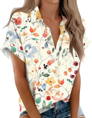 Women's Casual V Neck Floral Print Short Sleeve Blouses Button Down Shirts Loose Fit Boho Summer Tops Trendy