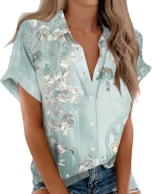 Women's Casual V Neck Floral Print Short Sleeve Blouses Button Down Shirts Loose Fit Boho Summer Tops Trendy