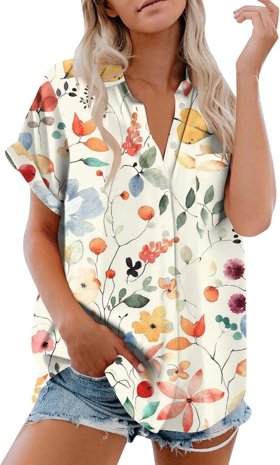 Women's Casual V Neck Floral Print Short Sleeve Blouses Button Down Shirts Loose Fit Boho Summer Tops Trendy