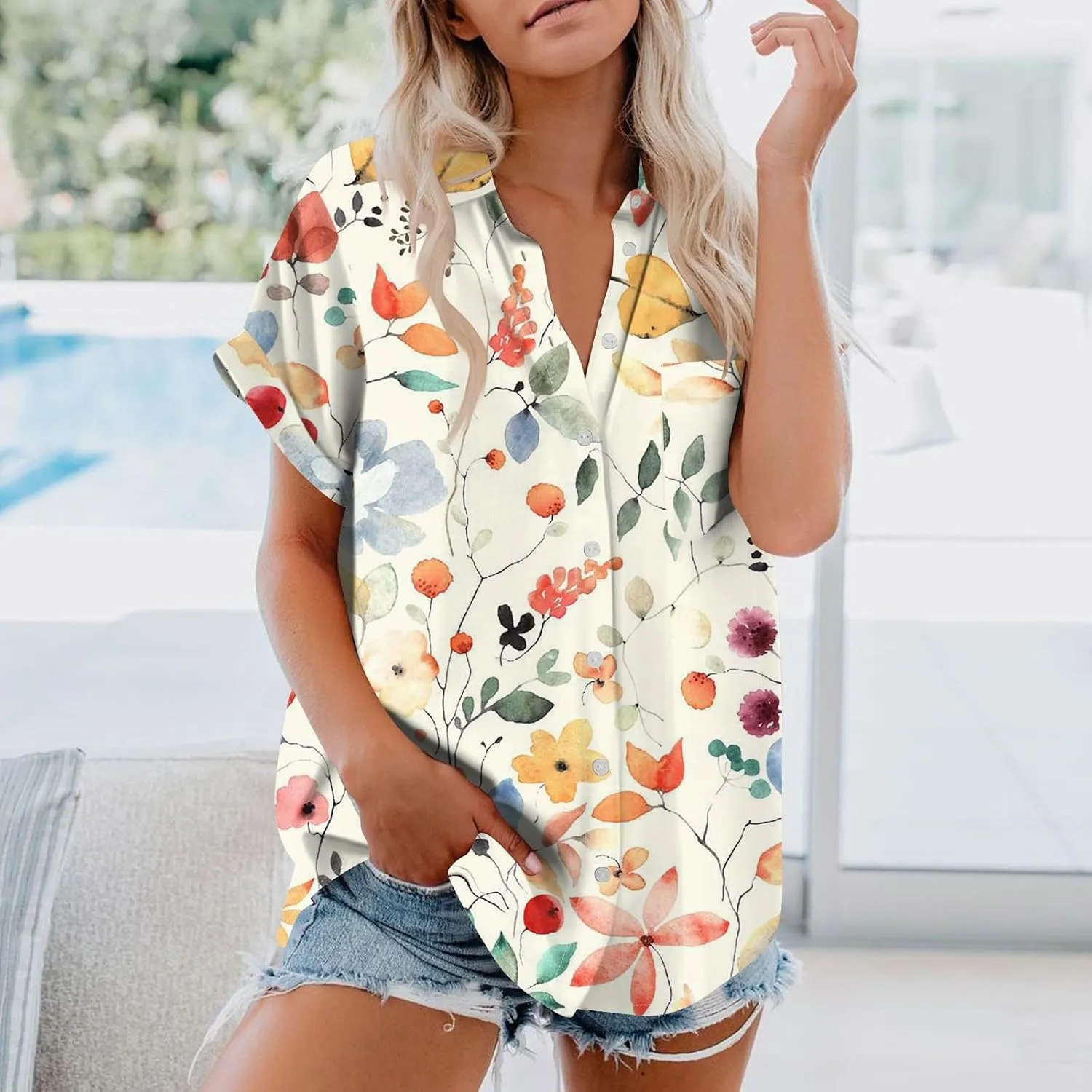 Women's Casual V Neck Floral Print Short Sleeve Blouses Button Down Shirts Loose Fit Boho Summer Tops Trendy