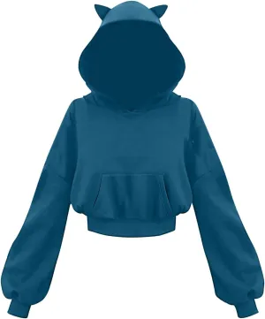 Womens Cat Ear Hoodie Sweatshirt Long Sleeve Sweater Oversized Off Shoulder Cute Funny Crop Top Hoodies Pullover