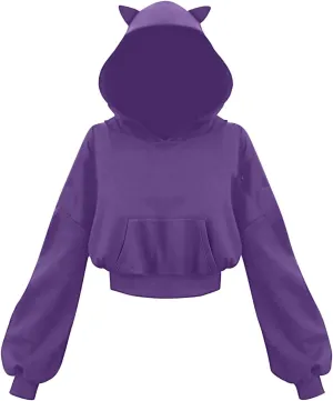 Womens Cat Ear Hoodie Sweatshirt Long Sleeve Sweater Oversized Off Shoulder Cute Funny Crop Top Hoodies Pullover