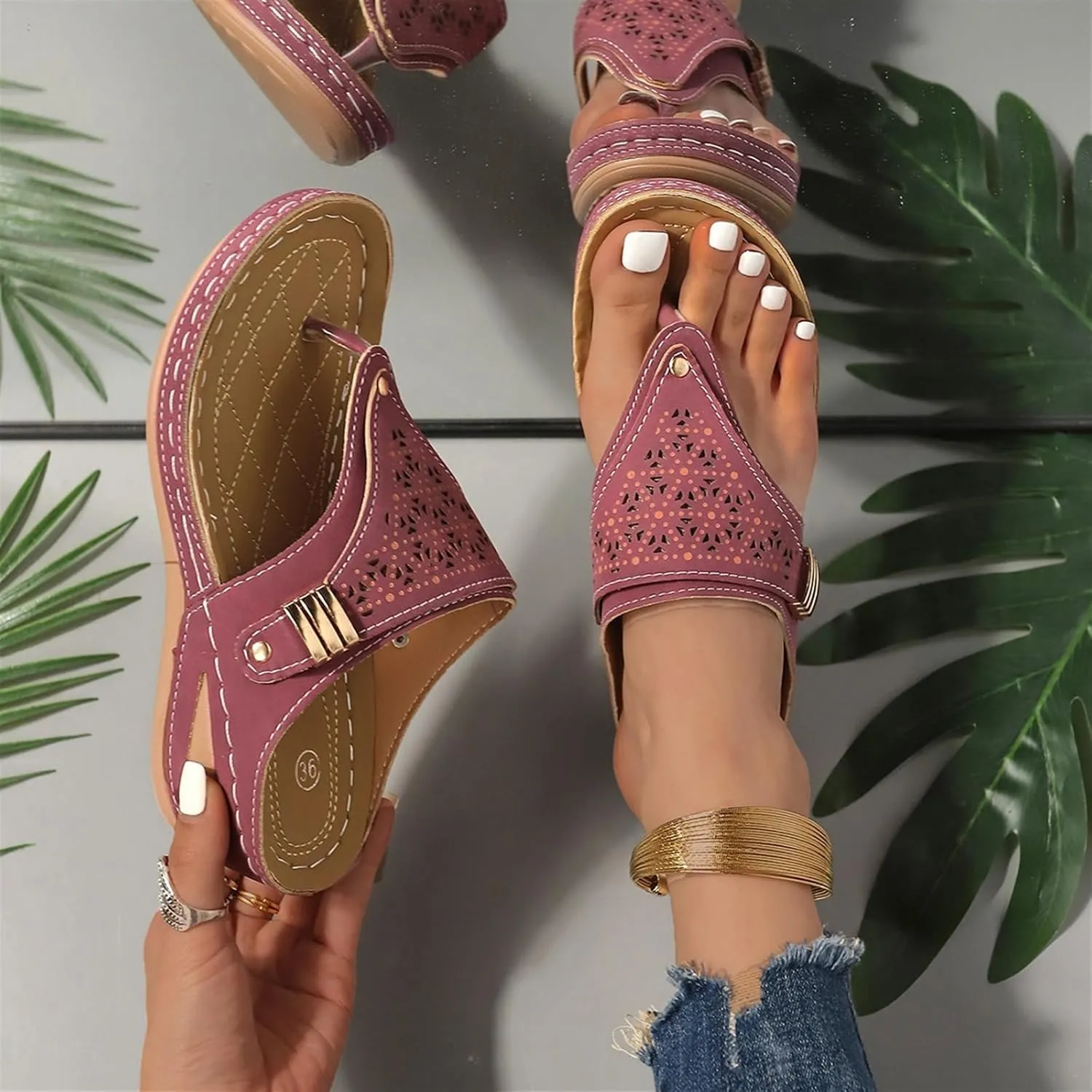 Womens Chunky Platform Wedge Flip Flops Orthopedic Casual Comfort Breathable Beach Slippers Open Toe Mesh Hollow Fashion Shoes Arch Support Slip on Sandals