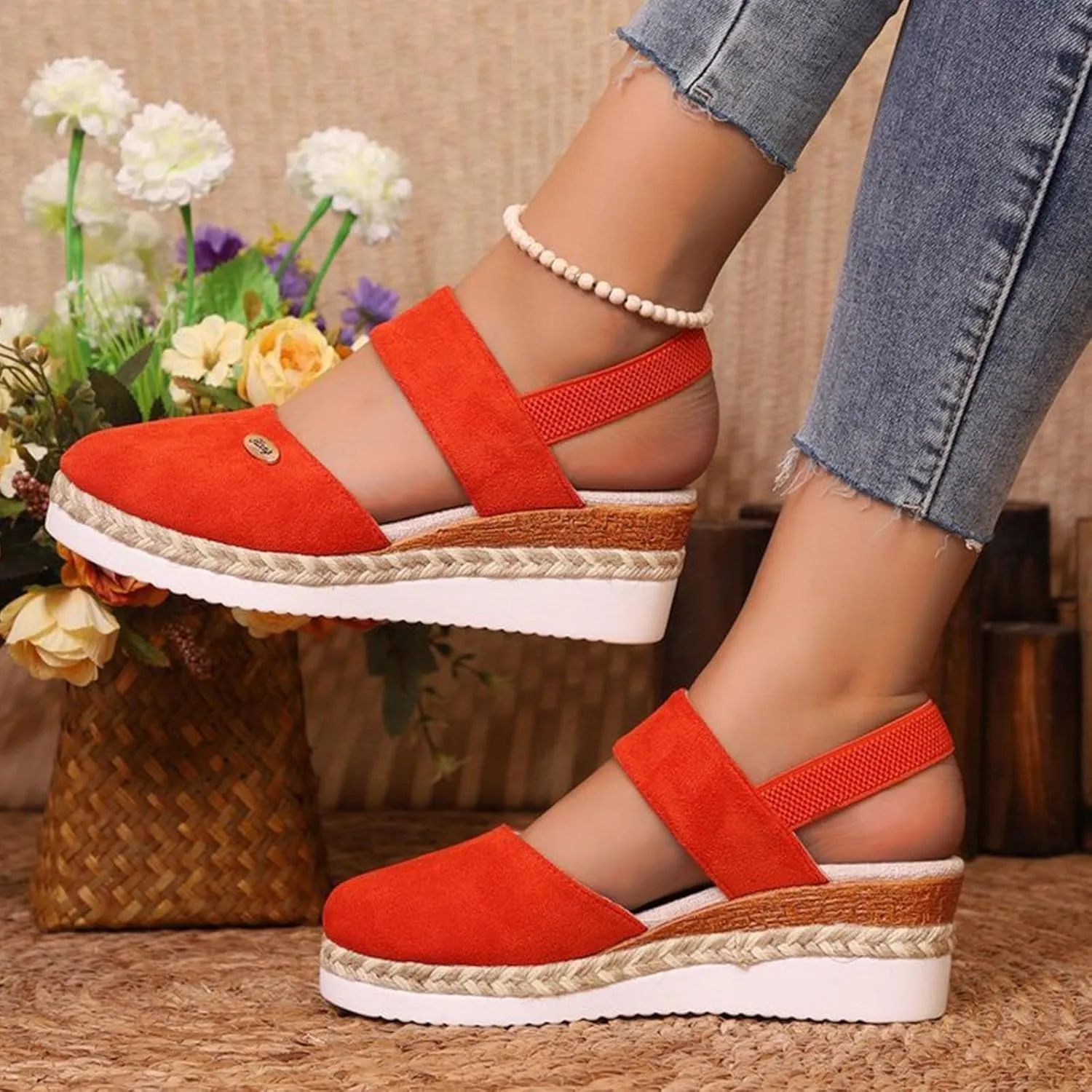 Womens Closed Toe Single Shoes Summer Dressy Vintage Sandals Lightweight Wedge Heel Hemp Rope Sandal Thick Sole Shoe