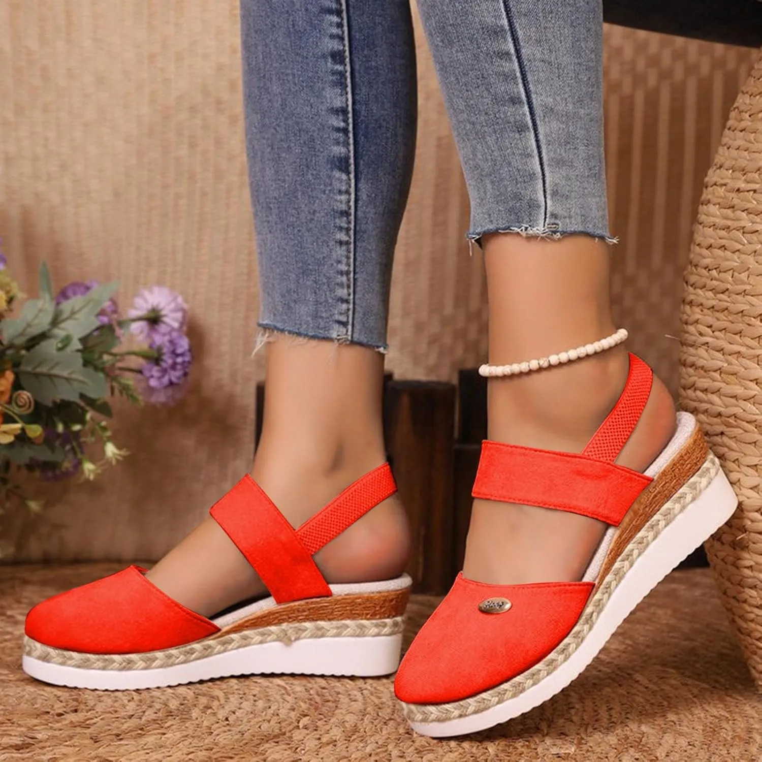 Womens Closed Toe Single Shoes Summer Dressy Vintage Sandals Lightweight Wedge Heel Hemp Rope Sandal Thick Sole Shoe