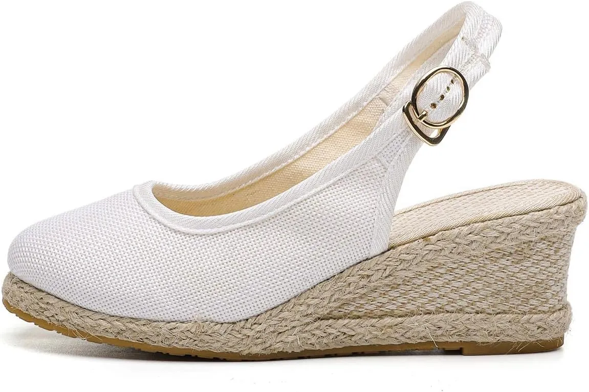 Women's Closed Toe Slingback Sandals Linen Solid Hook and Eye Shoe Rubber Sole Wedge High Heel Summer Breathe Sandal