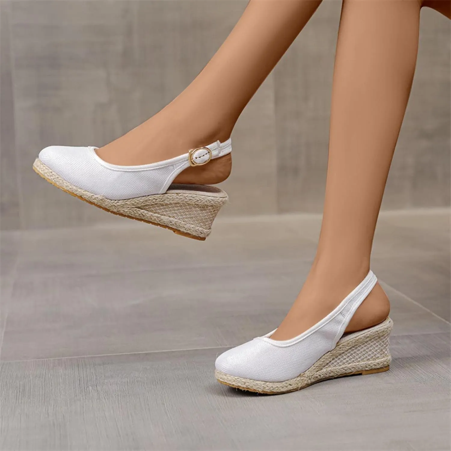 Women's Closed Toe Slingback Sandals Linen Solid Hook and Eye Shoe Rubber Sole Wedge High Heel Summer Breathe Sandal
