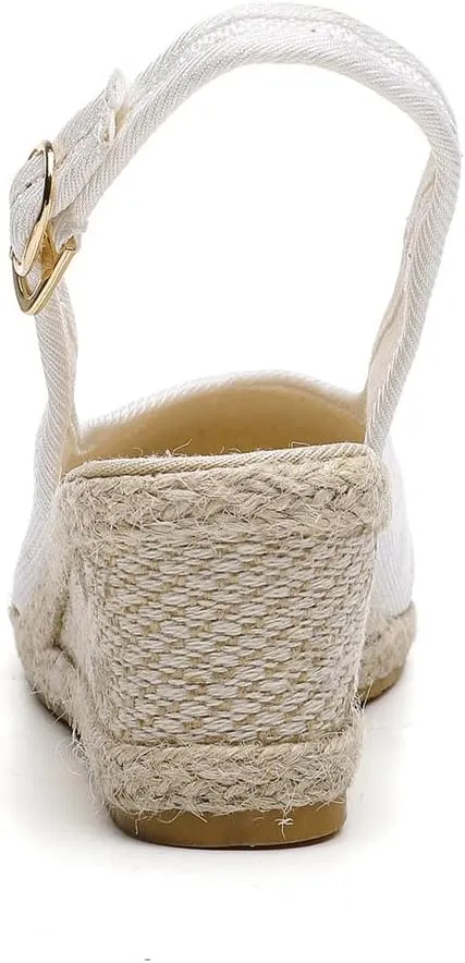 Women's Closed Toe Slingback Sandals Linen Solid Hook and Eye Shoe Rubber Sole Wedge High Heel Summer Breathe Sandal