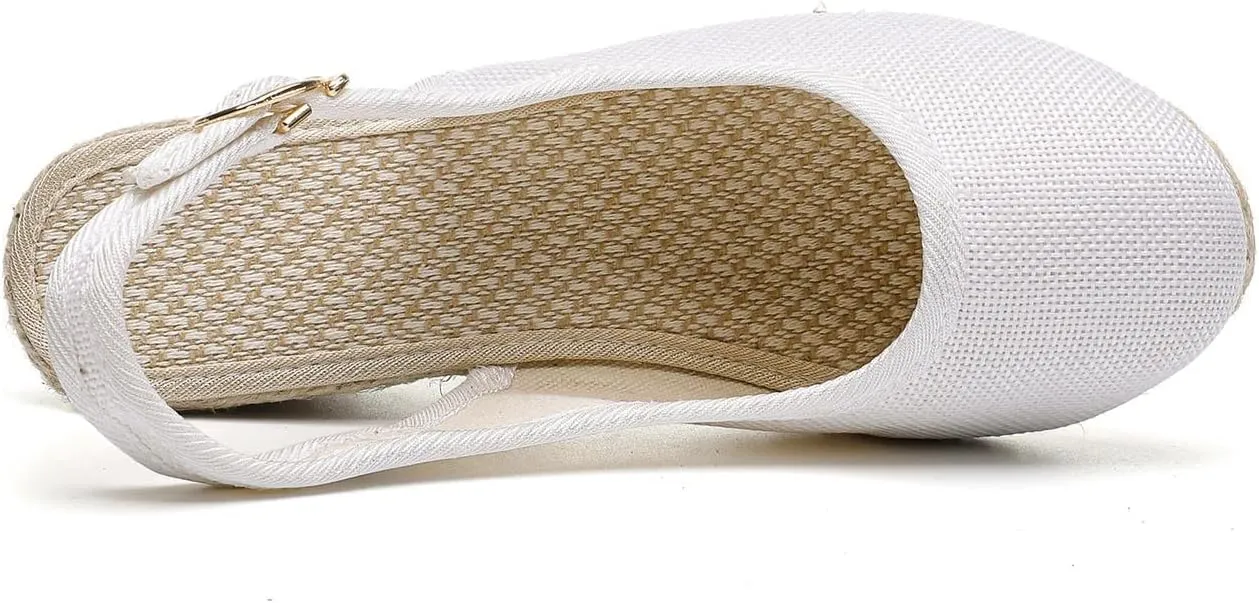 Women's Closed Toe Slingback Sandals Linen Solid Hook and Eye Shoe Rubber Sole Wedge High Heel Summer Breathe Sandal