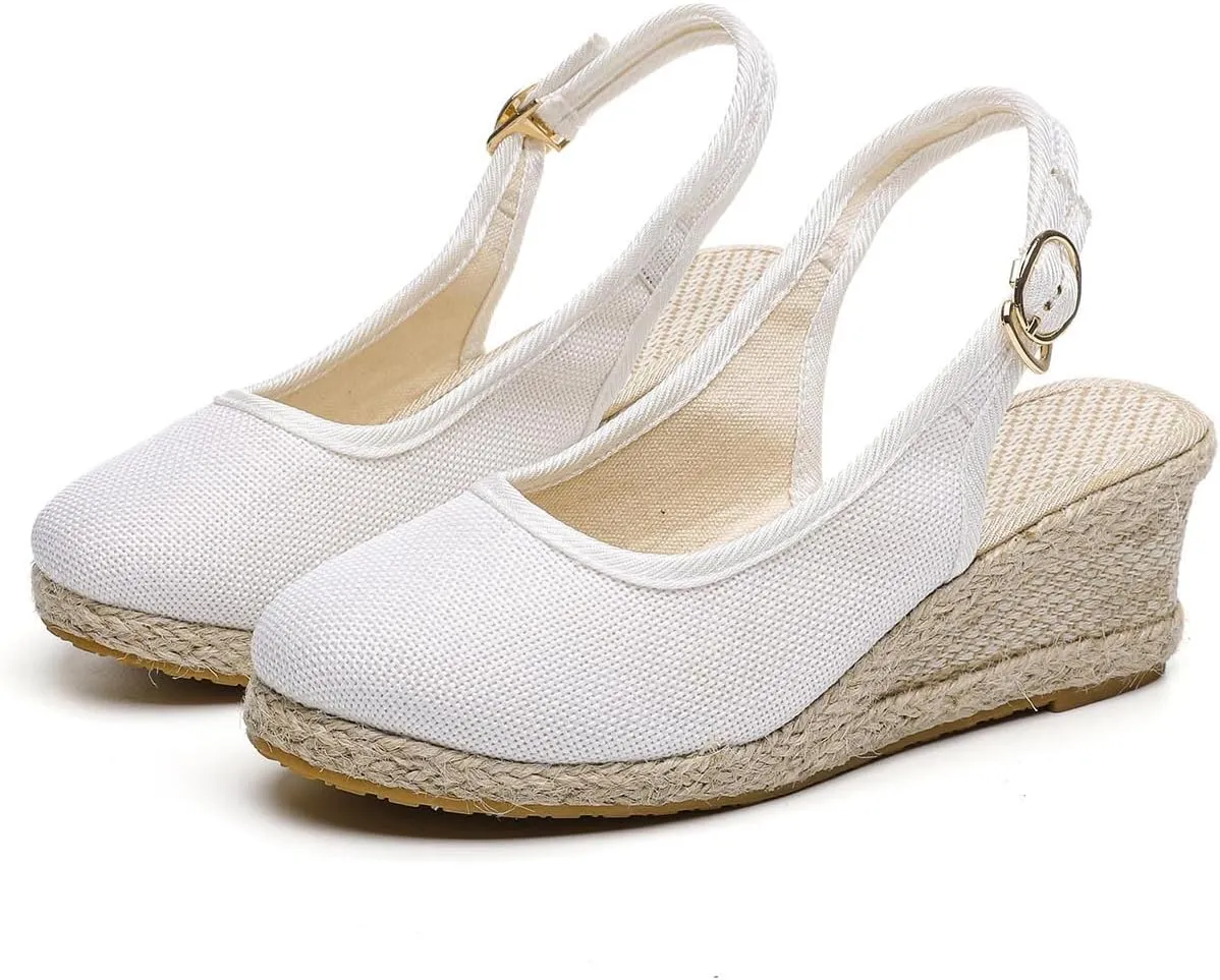 Women's Closed Toe Slingback Sandals Linen Solid Hook and Eye Shoe Rubber Sole Wedge High Heel Summer Breathe Sandal