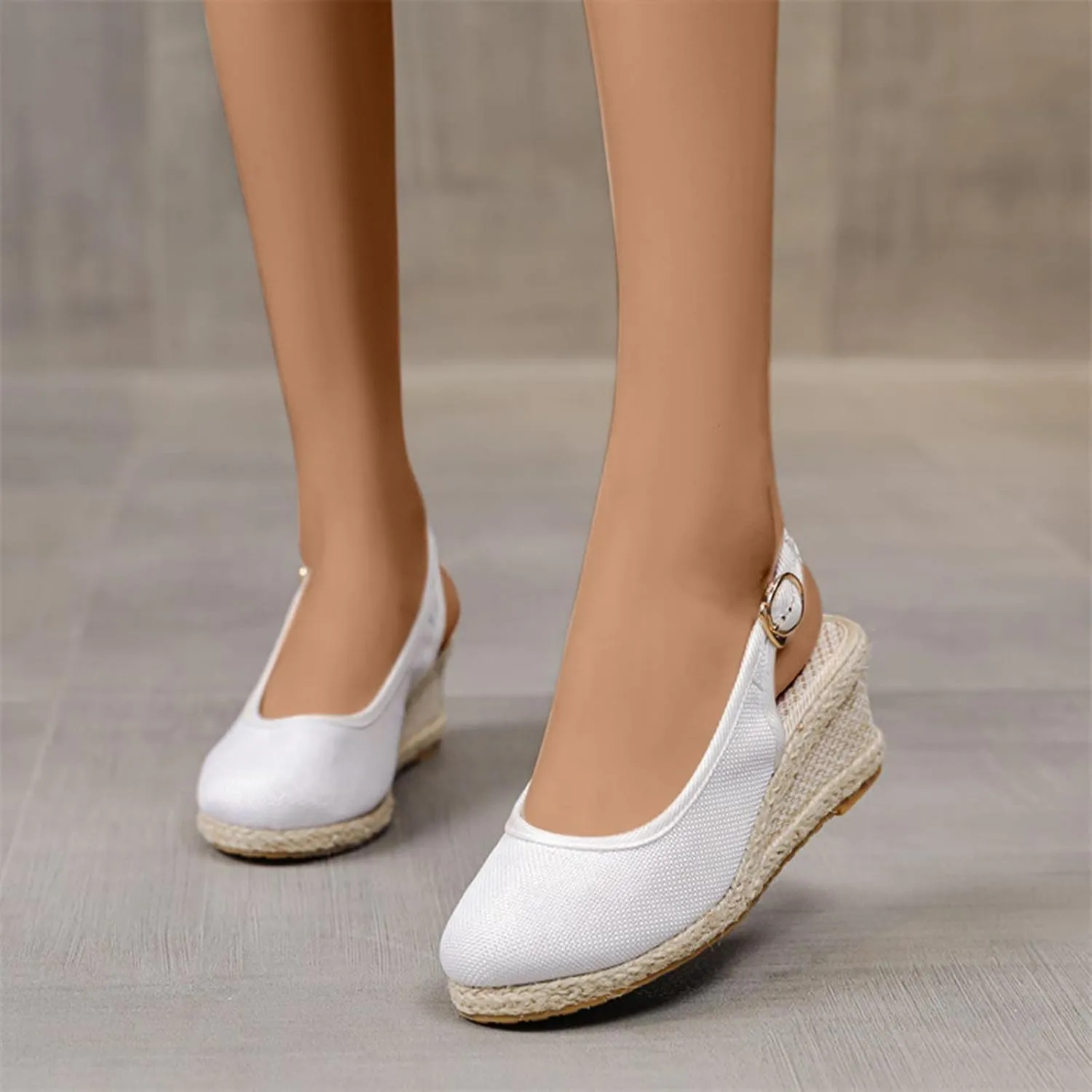 Women's Closed Toe Slingback Sandals Linen Solid Hook and Eye Shoe Rubber Sole Wedge High Heel Summer Breathe Sandal