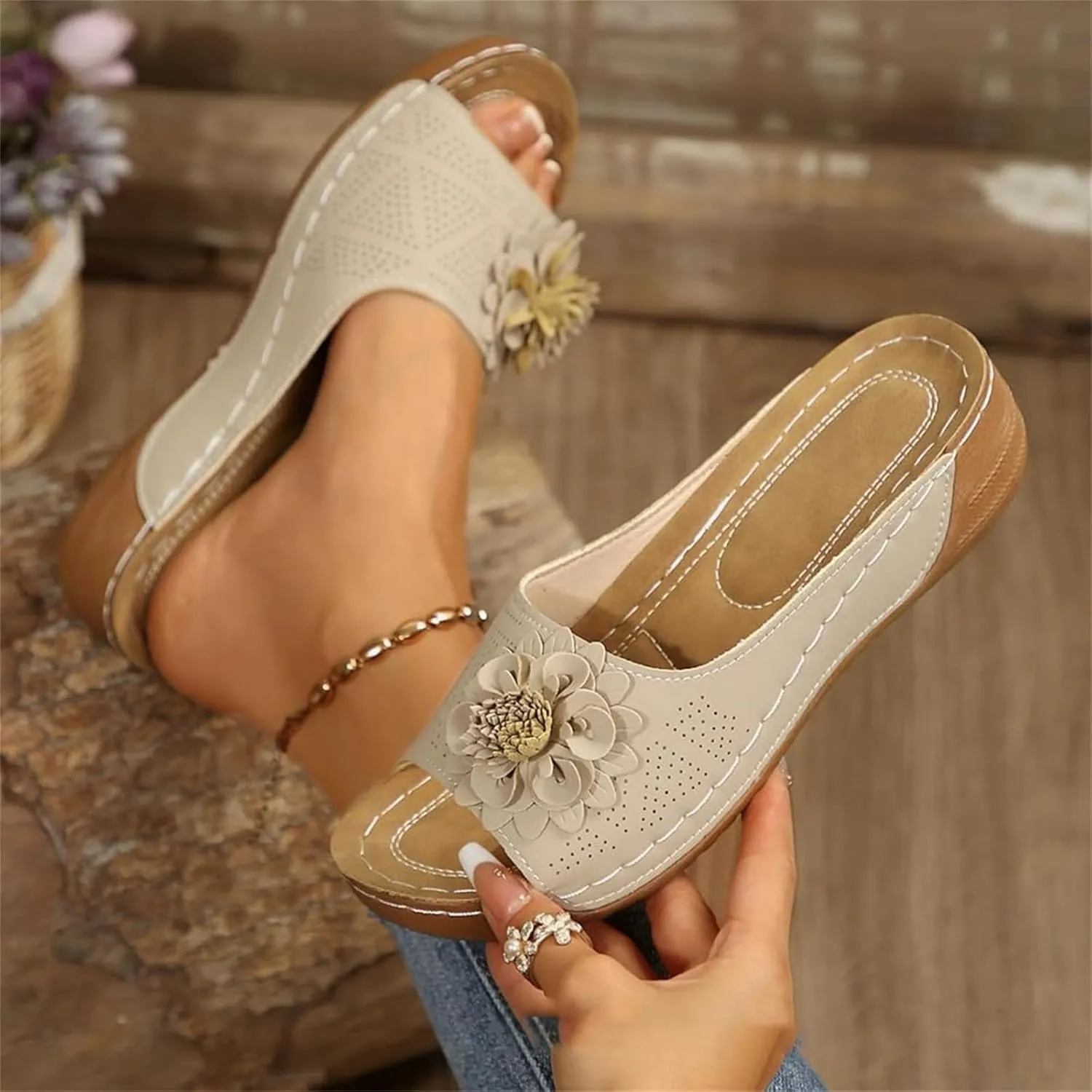 Womens Comfort Wedge Slide Sandals Open Toe Heel Non-Slip Orthopedic Shoes Arch Support Comfortable Flower Sandals Casual Beach Walking Breathable Shoes
