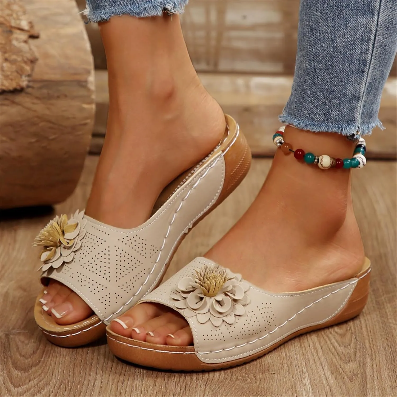 Womens Comfort Wedge Slide Sandals Open Toe Heel Non-Slip Orthopedic Shoes Arch Support Comfortable Flower Sandals Casual Beach Walking Breathable Shoes