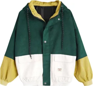 Women's Corduroy Hoodie Jacket Vintage Color Block Long Sleeve Coat Oversized Zipper Cargo Jackets with Pockets