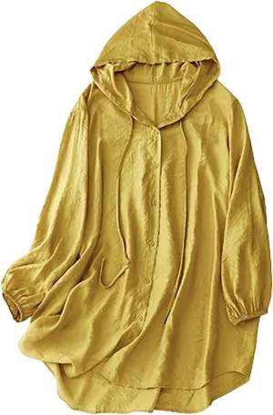 Womens Cotton Linen Hoodie Tops,Summer Fashion Hooded Long Sleeve Shirts Button Down Blouses for Women Dressy Casual