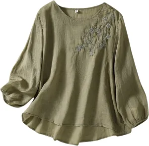 Womens Cotton Linen Shirts Summer Loose Crew Neck Casual Boho Long Sleeve Tee Top Vintage Bohemian Embroidered Blouse