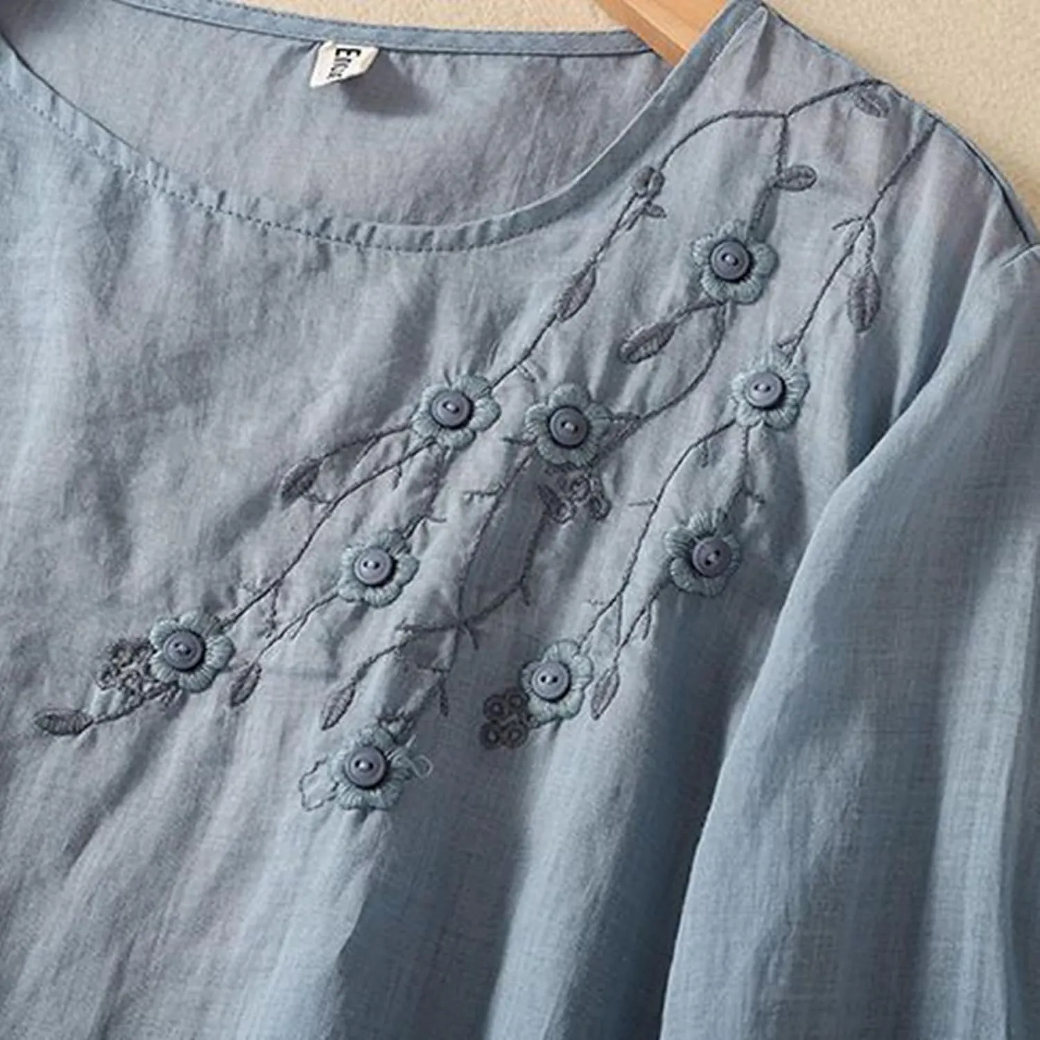 Womens Cotton Linen Shirts Summer Loose Crew Neck Casual Boho Long Sleeve Tee Top Vintage Bohemian Embroidered Blouse