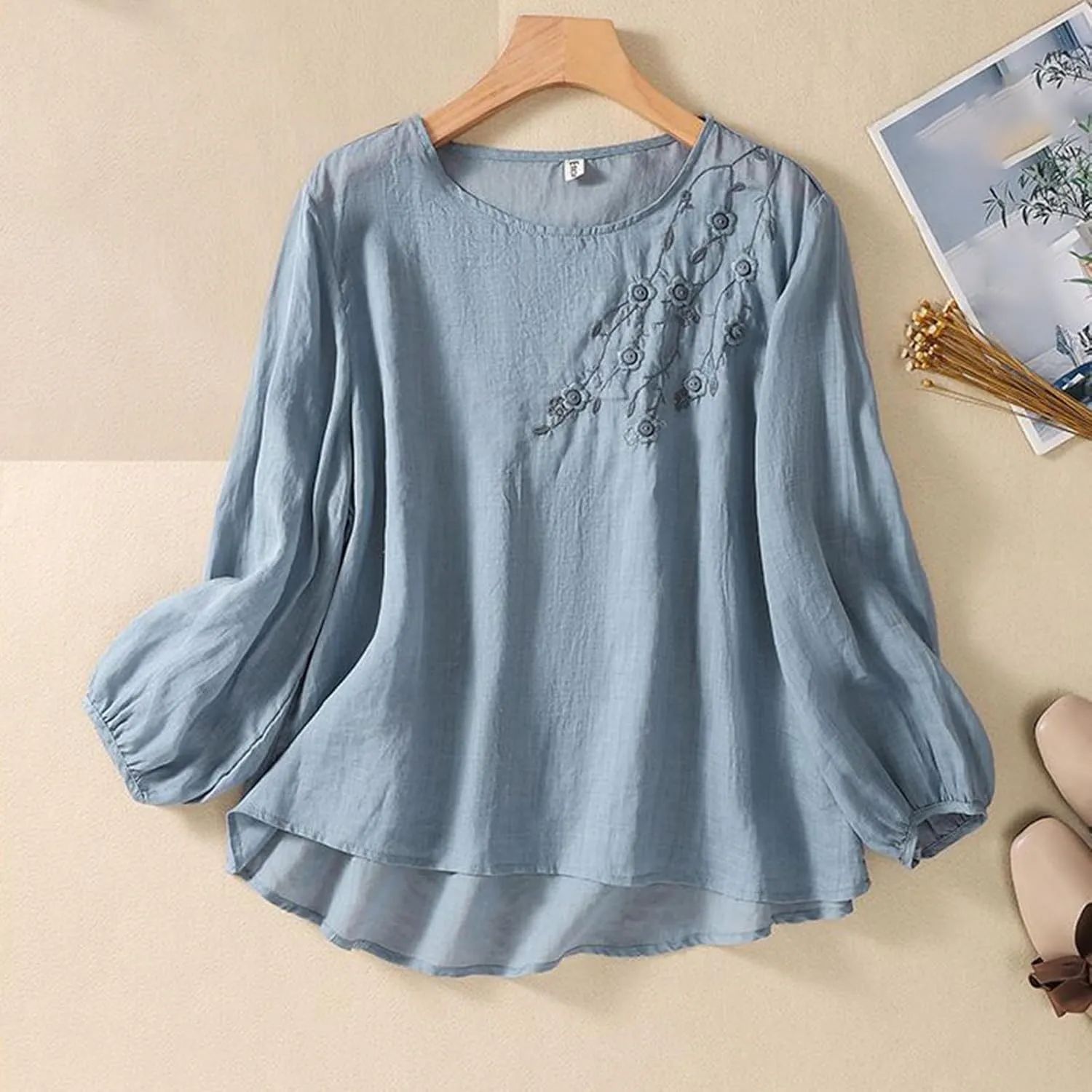 Womens Cotton Linen Shirts Summer Loose Crew Neck Casual Boho Long Sleeve Tee Top Vintage Bohemian Embroidered Blouse