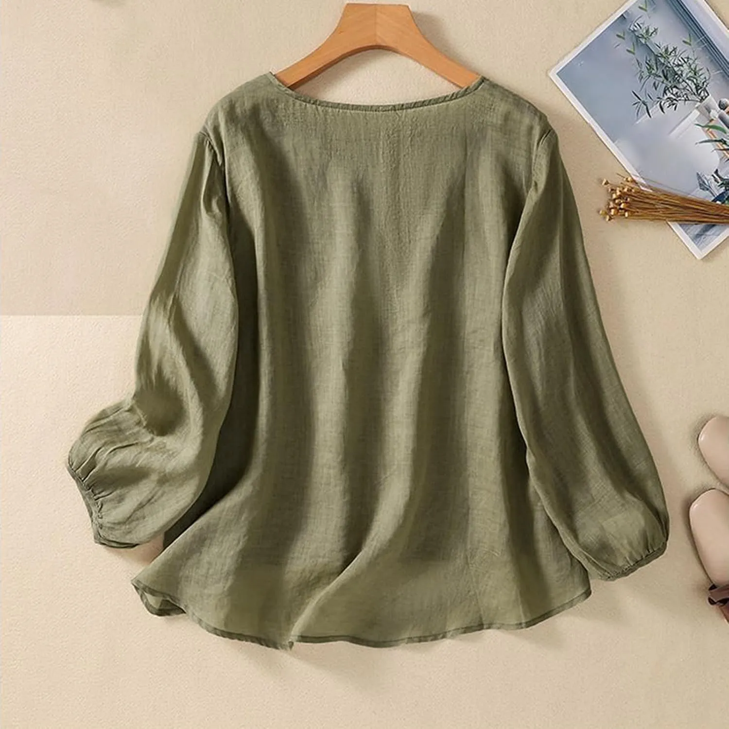Womens Cotton Linen Shirts Summer Loose Crew Neck Casual Boho Long Sleeve Tee Top Vintage Bohemian Embroidered Blouse
