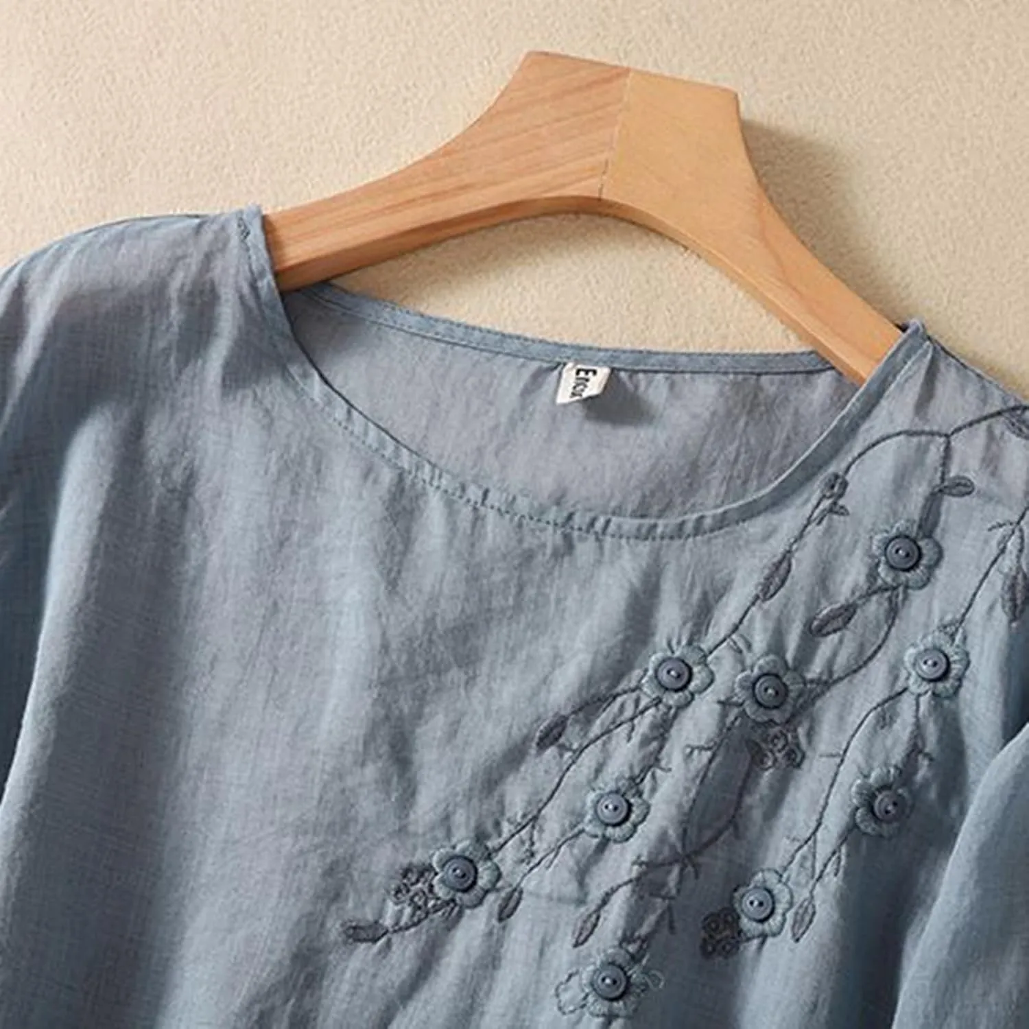 Womens Cotton Linen Shirts Summer Loose Crew Neck Casual Boho Long Sleeve Tee Top Vintage Bohemian Embroidered Blouse
